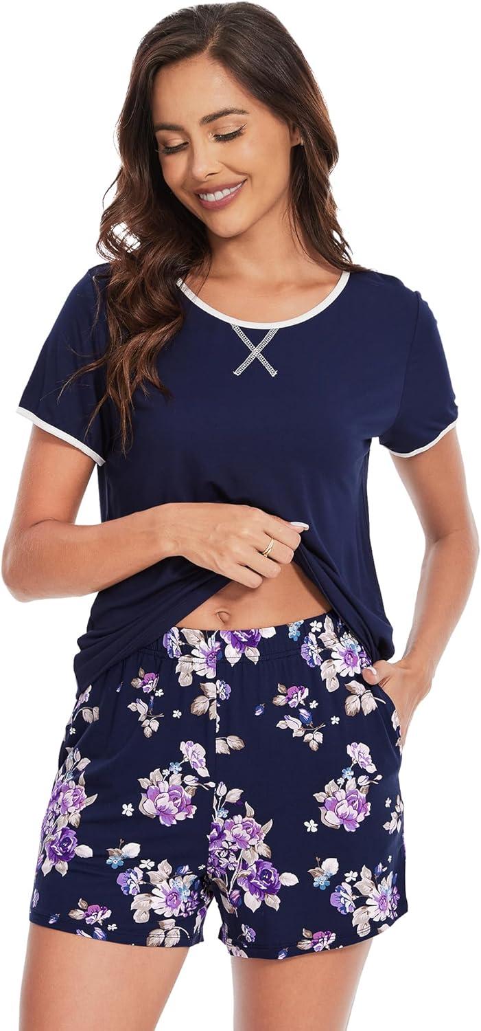 imageWiWi Pajamas for Women Super Soft Short Sleeve Top with Shorts Pajama Set Crewneck Summer Cooling Sleepwear Sets SXXLBdark NavyPurple Floral