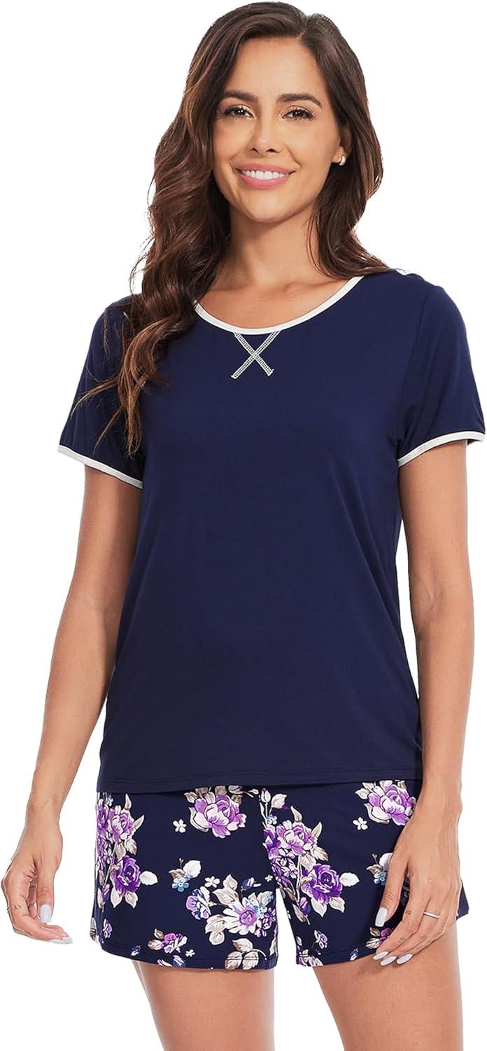 imageWiWi Pajamas for Women Super Soft Short Sleeve Top with Shorts Pajama Set Crewneck Summer Cooling Sleepwear Sets SXXLBdark NavyPurple Floral