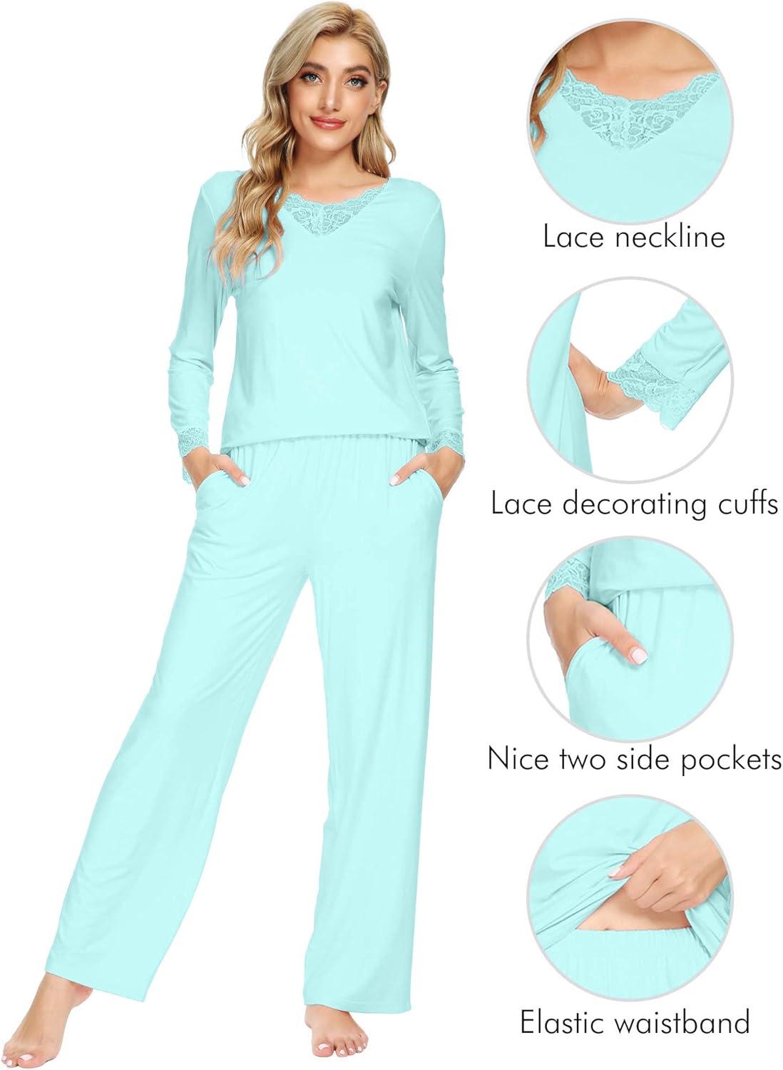 imageWiWi Viscose from Bamboo Pajamas Sets for Women Long Sleeve Sleepwear Soft V Neck Top with Pants Plus Size Pjs S4XAaqua