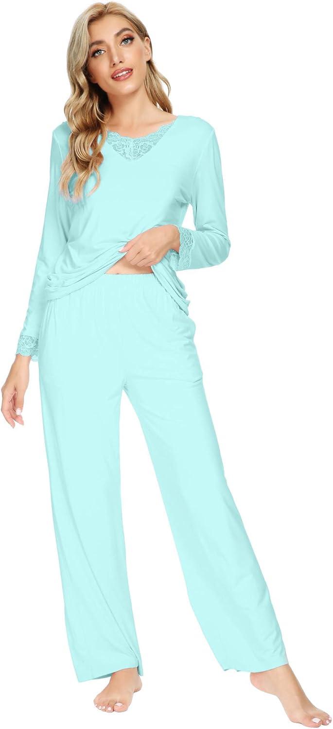 imageWiWi Viscose from Bamboo Pajamas Sets for Women Long Sleeve Sleepwear Soft V Neck Top with Pants Plus Size Pjs S4XAaqua