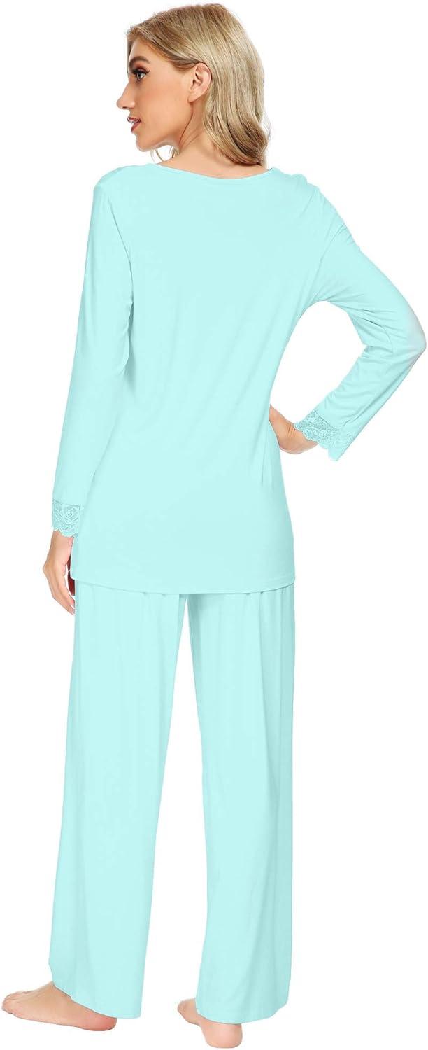 imageWiWi Viscose from Bamboo Pajamas Sets for Women Long Sleeve Sleepwear Soft V Neck Top with Pants Plus Size Pjs S4XAaqua