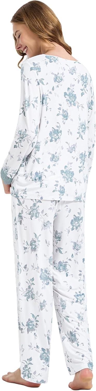 imageWiWi Viscose from Bamboo Pajamas Sets for Women Long Sleeve Sleepwear Soft V Neck Top with Pants Plus Size Pjs S4XAaqua Flowers