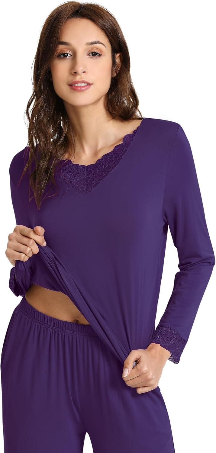 imageWiWi Viscose from Bamboo Pajamas Sets for Women Long Sleeve Sleepwear Soft V Neck Top with Pants Plus Size Pjs S4XAdark Purple