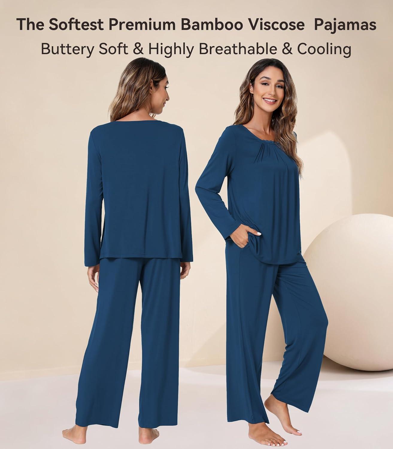 imageWiWi Viscose from Bamboo Pajamas Sets for Women Long Sleeve Sleepwear Soft V Neck Top with Pants Plus Size Pjs S4XBink Blue