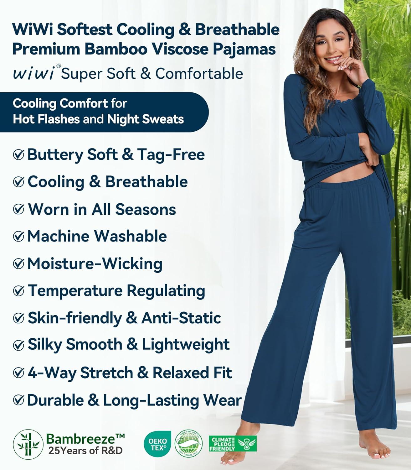 imageWiWi Viscose from Bamboo Pajamas Sets for Women Long Sleeve Sleepwear Soft V Neck Top with Pants Plus Size Pjs S4XBink Blue