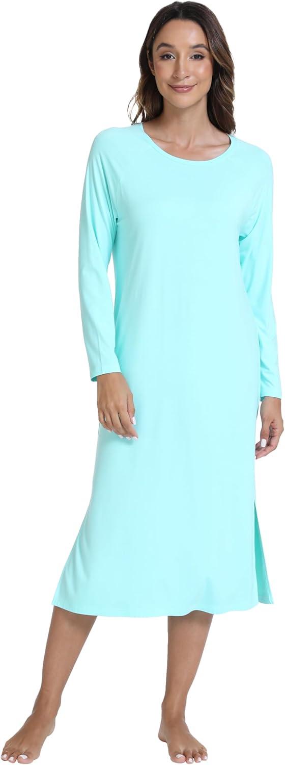 imageWiWi Womens Long Nightgowns Long Sleeve Lightweight Viscose from Bamboo Sleepwear SXXLAaqua