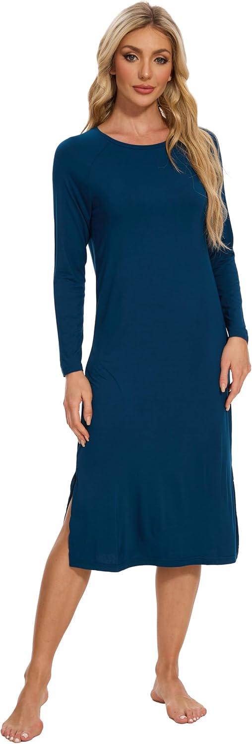 imageWiWi Womens Long Nightgowns Long Sleeve Lightweight Viscose from Bamboo Sleepwear SXXLAink Blue