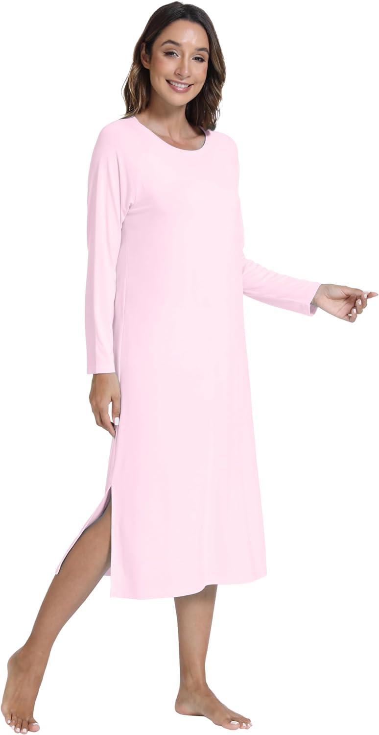 imageWiWi Womens Long Nightgowns Long Sleeve Lightweight Viscose from Bamboo Sleepwear SXXLApink