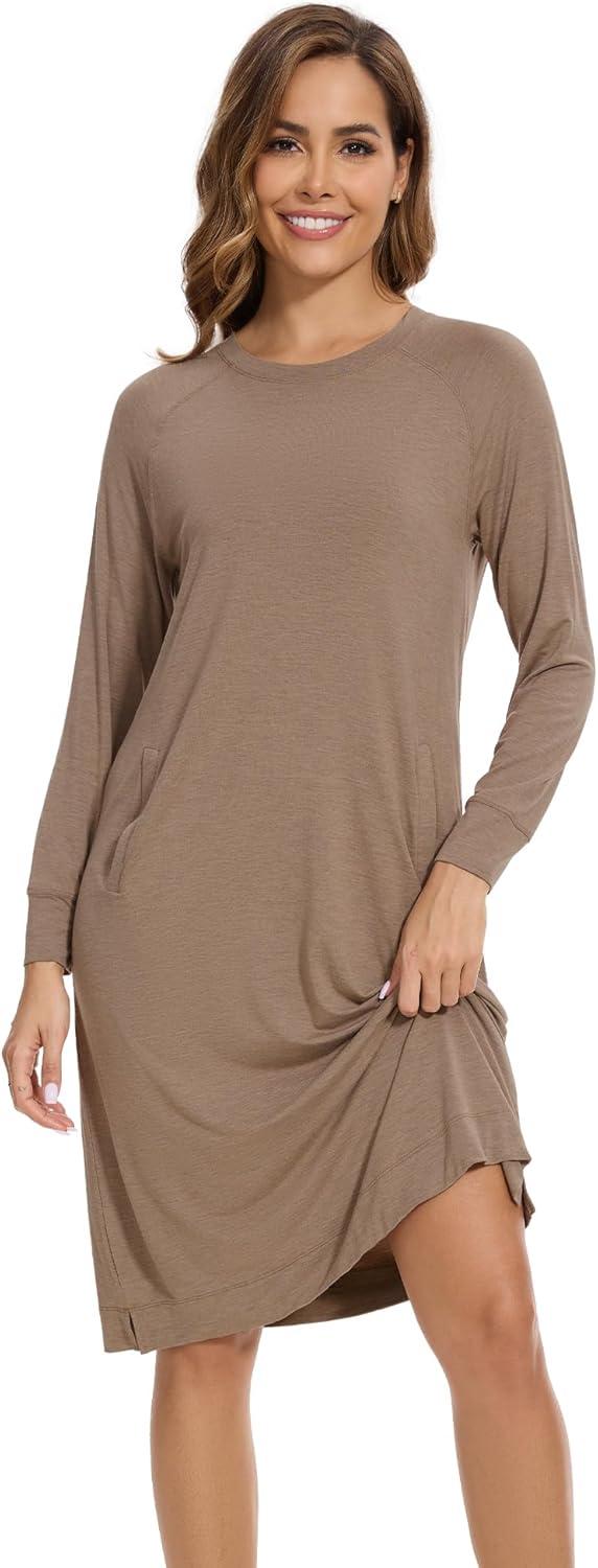 imageWiWi Womens Long Nightgowns Long Sleeve Lightweight Viscose from Bamboo Sleepwear SXXLBcamel