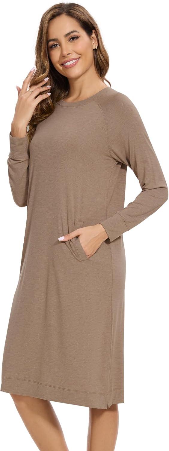 imageWiWi Womens Long Nightgowns Long Sleeve Lightweight Viscose from Bamboo Sleepwear SXXLBcamel