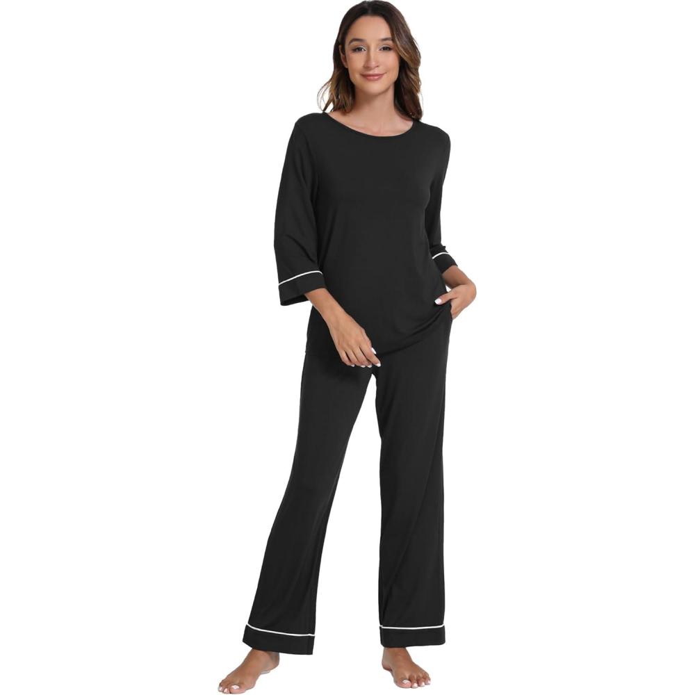 imageWiWi Pajamas for Women Scoop Neck 34 Sleeve Pajama Set Soft Sleep Lounge Set Sleepwear Viscose from bamboo SXXLBlack