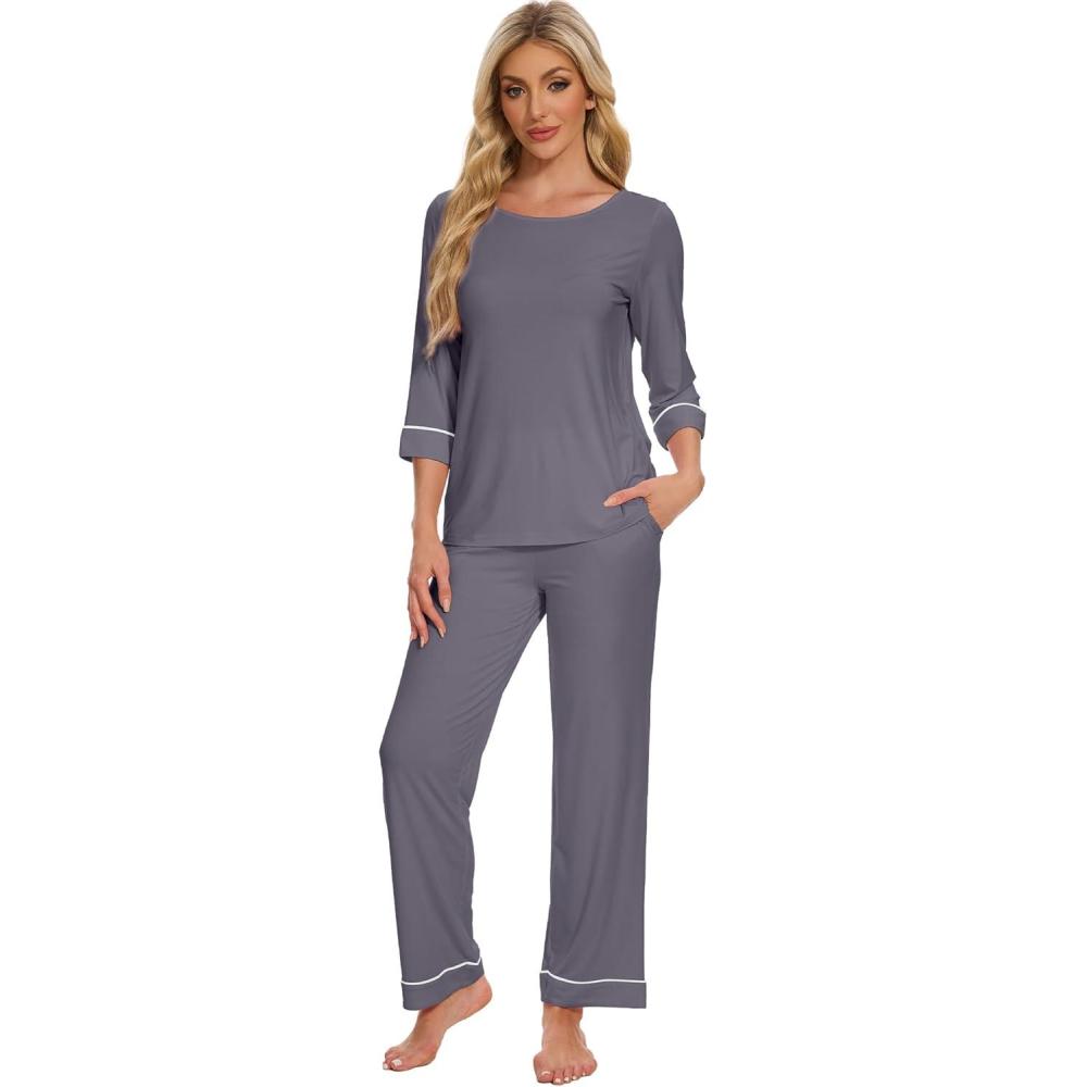 imageWiWi Pajamas for Women Scoop Neck 34 Sleeve Pajama Set Soft Sleep Lounge Set Sleepwear Viscose from bamboo SXXLDark Grey