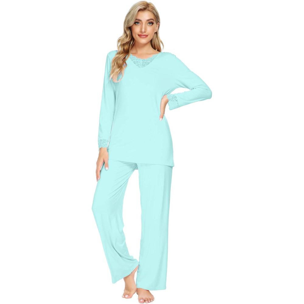 imageWiWi Viscose from Bamboo Pajamas Sets for Women Long Sleeve Sleepwear Soft V Neck Top with Pants Plus Size Pjs S4XAaqua