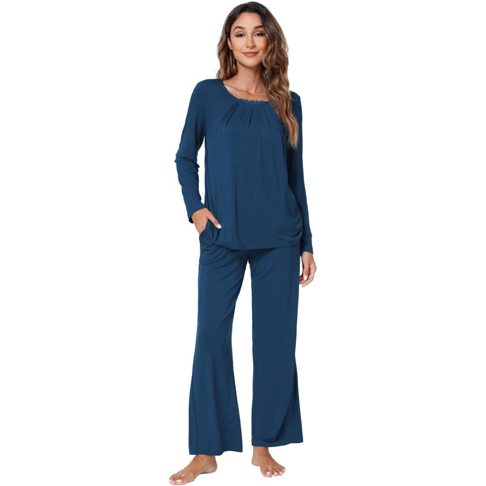 imageWiWi Viscose from Bamboo Pajamas Sets for Women Long Sleeve Sleepwear Soft V Neck Top with Pants Plus Size Pjs S4XBink Blue
