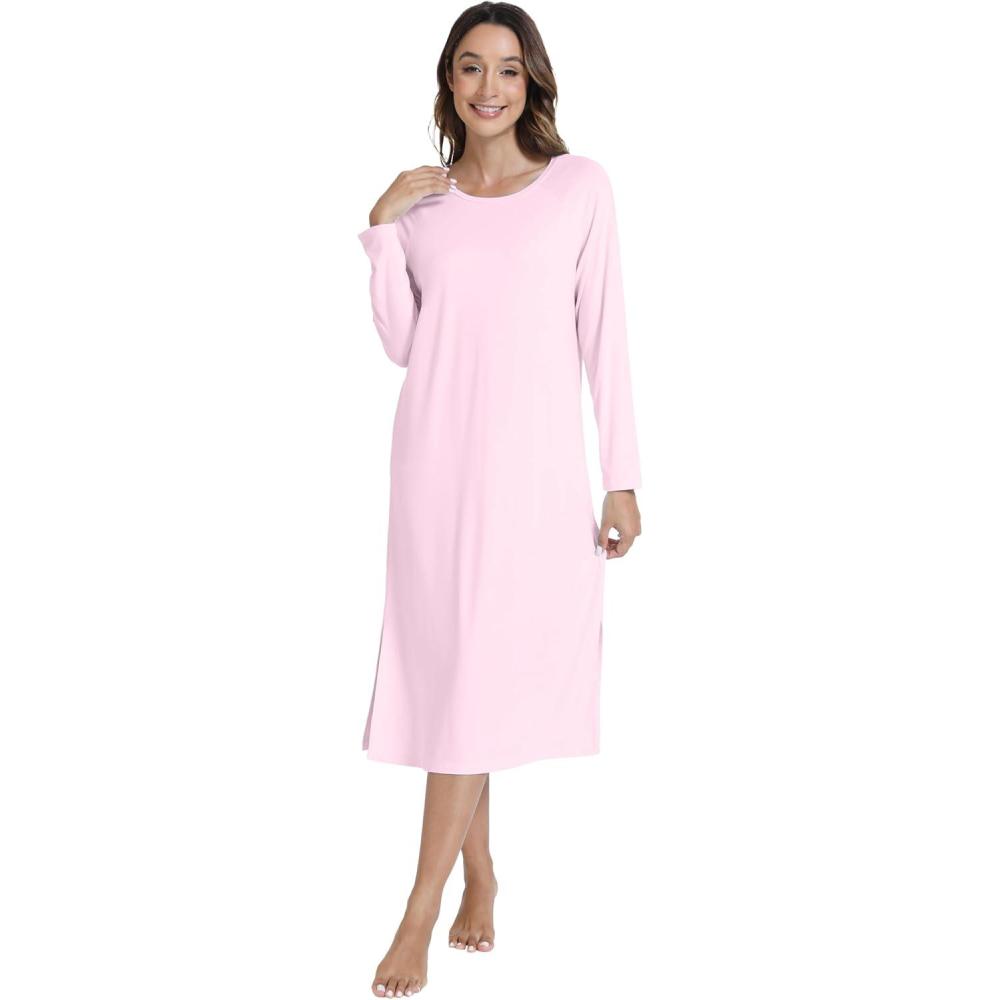 imageWiWi Womens Long Nightgowns Long Sleeve Lightweight Viscose from Bamboo Sleepwear SXXLApink