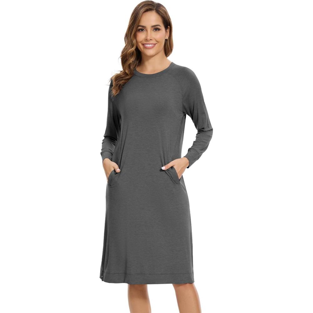 imageWiWi Womens Long Nightgowns Long Sleeve Lightweight Viscose from Bamboo Sleepwear SXXLBdark Heather Grey