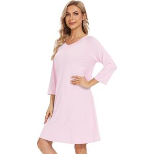 imageWiWi Nightgowns for Women Viscose from Bamboo 34 Sleeve Sleepshirt Soft Vneck Nightshirts Loose Sleep Dress SXXLApink