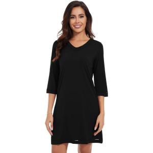 imageWiWi Nightgowns for Women Viscose from Bamboo 34 Sleeve Sleepshirt Soft Vneck Nightshirts Loose Sleep Dress SXXLBblack