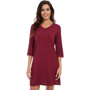 imageWiWi Nightgowns for Women Viscose from Bamboo 34 Sleeve Sleepshirt Soft Vneck Nightshirts Loose Sleep Dress SXXLBwine