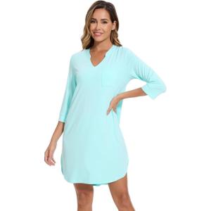 imageWiWi Nightgowns for Women Viscose from Bamboo 34 Sleeve Sleepshirt Soft Vneck Nightshirts Loose Sleep Dress SXXLCaqua