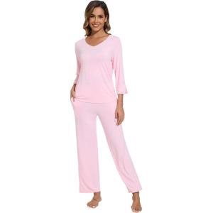 imageWiWi Pajamas for Women Set 34 Sleeve Tops Wide Leg Pants Pjs Sets Soft Viscose from Bamboo Loungewear SXXLPink
