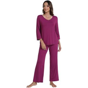imageWiWi Pajamas for Women Set 34 Sleeve Tops Wide Leg Pants Pjs Sets Soft Viscose from Bamboo Loungewear SXXLPurplish Red