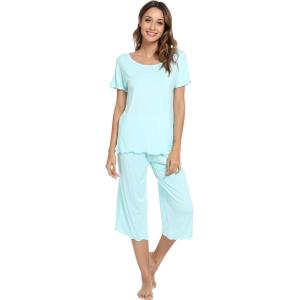 image:imageWiWi Pajamas for Women Super Soft Pajama Sets Cooling Short Sleeve Top Capri Pants Viscose from Bamboo Sleepwear Pjs S4XAaqua
