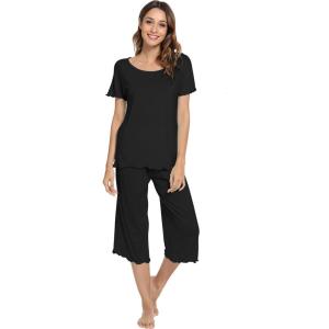 image:imageWiWi Pajamas for Women Super Soft Pajama Sets Cooling Short Sleeve Top Capri Pants Viscose from Bamboo Sleepwear Pjs S4XAblack
