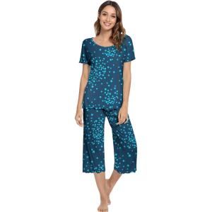 image:imageWiWi Pajamas for Women Super Soft Pajama Sets Cooling Short Sleeve Top Capri Pants Viscose from Bamboo Sleepwear Pjs S4XAblue Flowers
