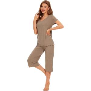 image:imageWiWi Pajamas for Women Super Soft Pajama Sets Cooling Short Sleeve Top Capri Pants Viscose from Bamboo Sleepwear Pjs S4XAcamel