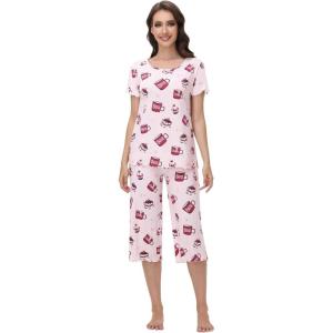 image:imageWiWi Pajamas for Women Super Soft Pajama Sets Cooling Short Sleeve Top Capri Pants Viscose from Bamboo Sleepwear Pjs S4XAcoffee Cup