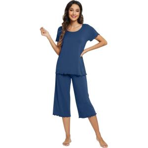 image:imageWiWi Pajamas for Women Super Soft Pajama Sets Cooling Short Sleeve Top Capri Pants Viscose from Bamboo Sleepwear Pjs S4XAdark Blue