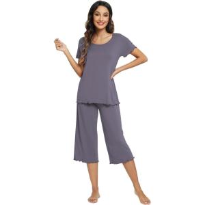 image:imageWiWi Pajamas for Women Super Soft Pajama Sets Cooling Short Sleeve Top Capri Pants Viscose from Bamboo Sleepwear Pjs S4XAdark Grey