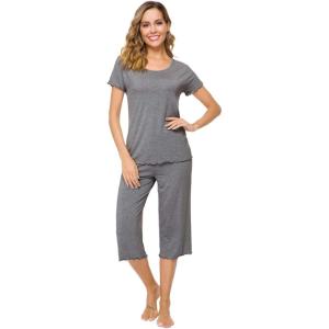 image:imageWiWi Pajamas for Women Super Soft Pajama Sets Cooling Short Sleeve Top Capri Pants Viscose from Bamboo Sleepwear Pjs S4XAdark Heather Grey