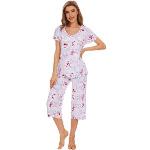 image:imageWiWi Pajamas for Women Super Soft Pajama Sets Cooling Short Sleeve Top Capri Pants Viscose from Bamboo Sleepwear Pjs S4XAgreyPeony