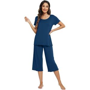 image:imageWiWi Pajamas for Women Super Soft Pajama Sets Cooling Short Sleeve Top Capri Pants Viscose from Bamboo Sleepwear Pjs S4XAink Blue