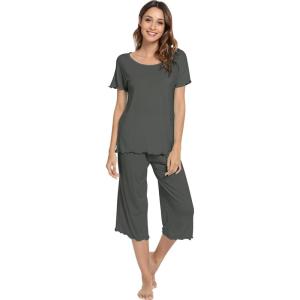 image:imageWiWi Pajamas for Women Super Soft Pajama Sets Cooling Short Sleeve Top Capri Pants Viscose from Bamboo Sleepwear Pjs S4XAiron Grey