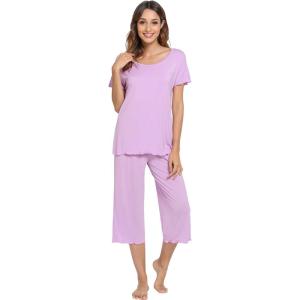 image:imageWiWi Pajamas for Women Super Soft Pajama Sets Cooling Short Sleeve Top Capri Pants Viscose from Bamboo Sleepwear Pjs S4XAlight Purple