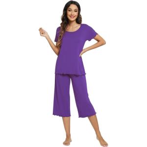 image:imageWiWi Pajamas for Women Super Soft Pajama Sets Cooling Short Sleeve Top Capri Pants Viscose from Bamboo Sleepwear Pjs S4XAlilac