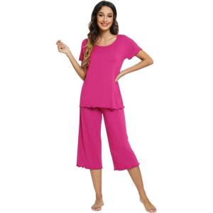 image:imageWiWi Pajamas for Women Super Soft Pajama Sets Cooling Short Sleeve Top Capri Pants Viscose from Bamboo Sleepwear Pjs S4XAmagenta