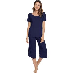 image:imageWiWi Pajamas for Women Super Soft Pajama Sets Cooling Short Sleeve Top Capri Pants Viscose from Bamboo Sleepwear Pjs S4XAnavy