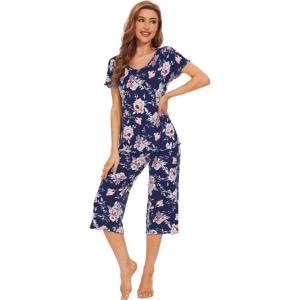 image:imageWiWi Pajamas for Women Super Soft Pajama Sets Cooling Short Sleeve Top Capri Pants Viscose from Bamboo Sleepwear Pjs S4XAnavyPeony