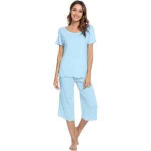image:imageWiWi Pajamas for Women Super Soft Pajama Sets Cooling Short Sleeve Top Capri Pants Viscose from Bamboo Sleepwear Pjs S4XApale Blue