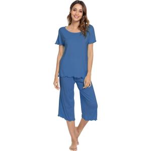 image:imageWiWi Pajamas for Women Super Soft Pajama Sets Cooling Short Sleeve Top Capri Pants Viscose from Bamboo Sleepwear Pjs S4XAprussian Blue