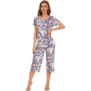 image:imageWiWi Pajamas for Women Super Soft Pajama Sets Cooling Short Sleeve Top Capri Pants Viscose from Bamboo Sleepwear Pjs S4XApurpleFloral