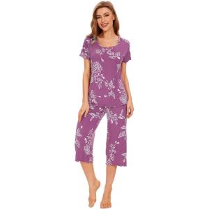image:imageWiWi Pajamas for Women Super Soft Pajama Sets Cooling Short Sleeve Top Capri Pants Viscose from Bamboo Sleepwear Pjs S4XApurpleRose