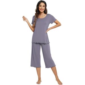 image:imageWiWi Pajamas for Women Super Soft Pajama Sets Cooling Short Sleeve Top Capri Pants Viscose from Bamboo Sleepwear Pjs S4XApurplish Grey