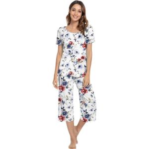 image:imageWiWi Pajamas for Women Super Soft Pajama Sets Cooling Short Sleeve Top Capri Pants Viscose from Bamboo Sleepwear Pjs S4XAretro Ink Flower
