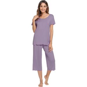 image:imageWiWi Pajamas for Women Super Soft Pajama Sets Cooling Short Sleeve Top Capri Pants Viscose from Bamboo Sleepwear Pjs S4XAviolet