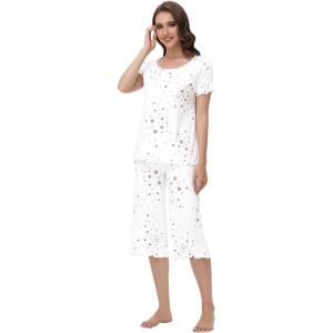 image:imageWiWi Pajamas for Women Super Soft Pajama Sets Cooling Short Sleeve Top Capri Pants Viscose from Bamboo Sleepwear Pjs S4XAwhite Stars